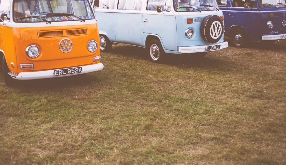 Drei klassische Volkswagen Camper auf einer Wiese