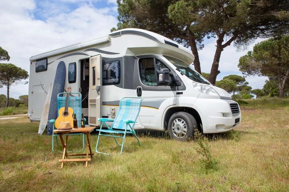 Helles Wohnmobil mit geöffneter Tür auf einer Wiese am Stellplatz